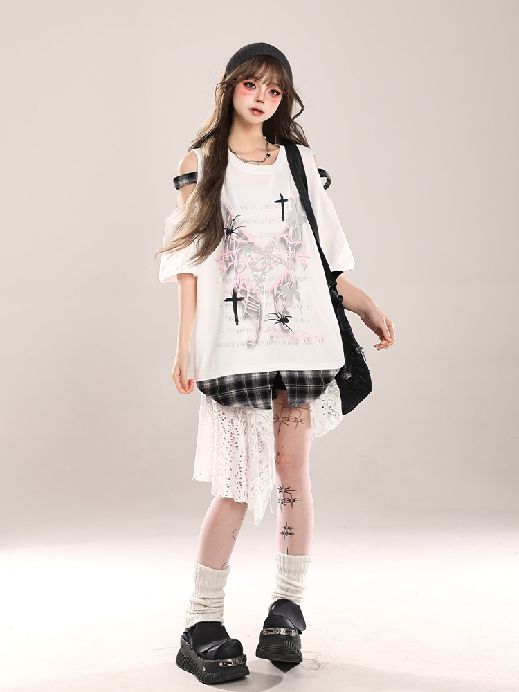 Summer Butterfly Print Short Sleeve T-Shirt for Women, American Style Loose Off-Shoulder Top, Cool Subculture Fashion Summer Butterfly Print Short Sleeve T-Shirt for Women, American Style Loose Off-Shoulder Top, Cool Subculture Fashion