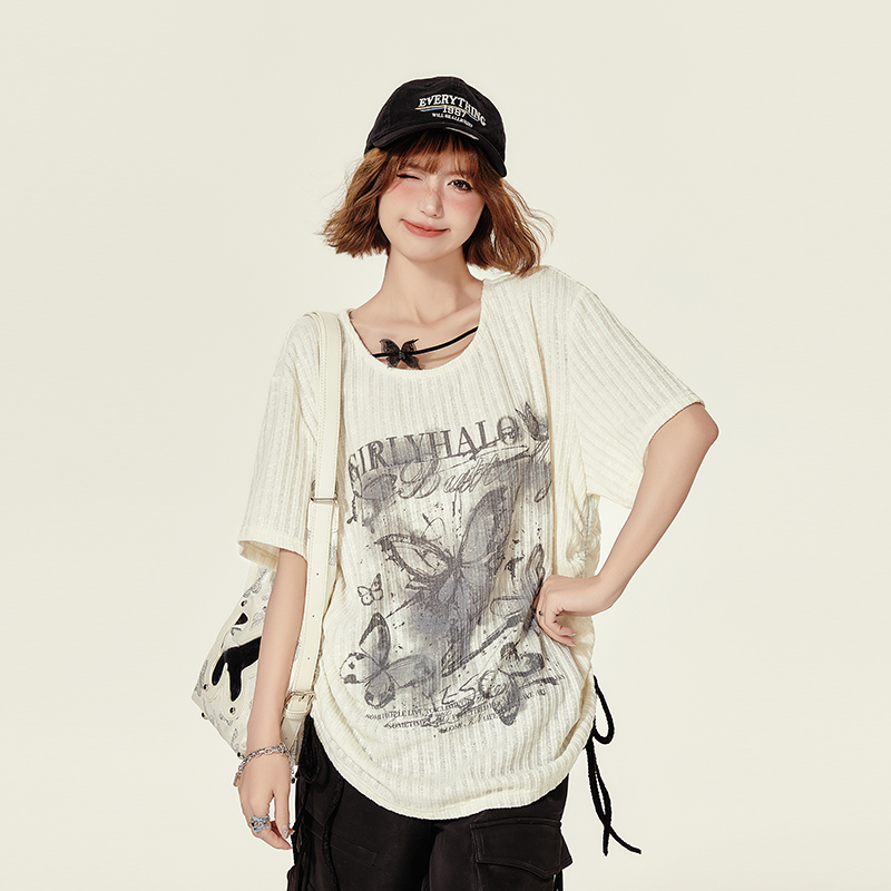 Summer Butterfly Print U-Neck Short Sleeve T-Shirt for Women - Spicy Girl American Style Loose Slimming Top Summer Butterfly Print U-Neck Short Sleeve T-Shirt for Women - Spicy Girl American Style Loose Slimming Top