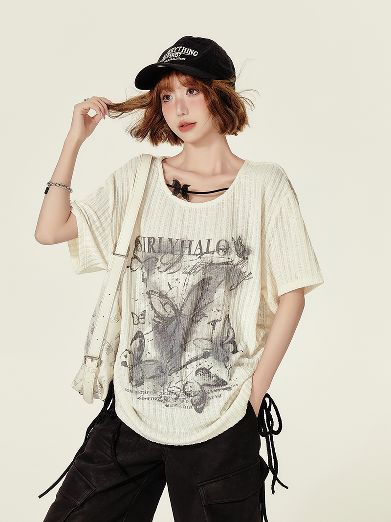 Summer Butterfly Print U-Neck Short Sleeve T-Shirt for Women - Spicy Girl American Style Loose Slimming Top Summer Butterfly Print U-Neck Short Sleeve T-Shirt for Women - Spicy Girl American Style Loose Slimming Top