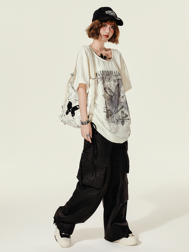 Summer Butterfly Print U-Neck Short Sleeve T-Shirt for Women - Spicy Girl American Style Loose Slimming Top Summer Butterfly Print U-Neck Short Sleeve T-Shirt for Women - Spicy Girl American Style Loose Slimming Top
