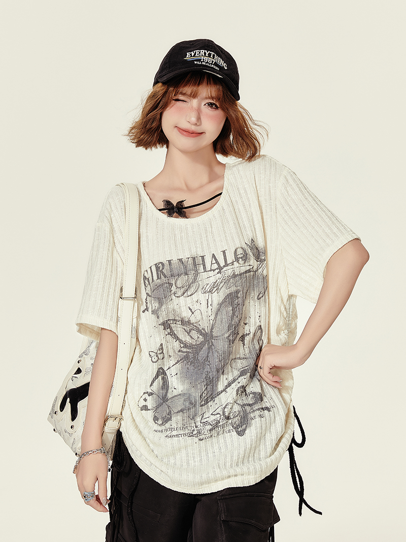 Summer Butterfly Print U-Neck Short Sleeve T-Shirt for Women - Spicy Girl American Style Loose Slimming Top Summer Butterfly Print U-Neck Short Sleeve T-Shirt for Women - Spicy Girl American Style Loose Slimming Top