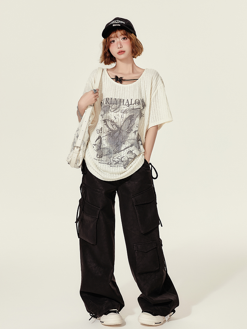 Summer Butterfly Print U-Neck Short Sleeve T-Shirt for Women - Spicy Girl American Style Loose Slimming Top Summer Butterfly Print U-Neck Short Sleeve T-Shirt for Women - Spicy Girl American Style Loose Slimming Top