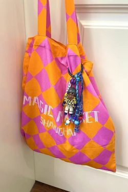 Summer Canvas Tote Bag with Pink Orange Diamond Pattern - Large Capacity Fashion Commute Bag for Magic Market Style