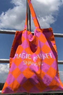 Summer Canvas Tote Bag with Pink Orange Diamond Pattern - Large Capacity Fashion Commute Bag for Magic Market Style