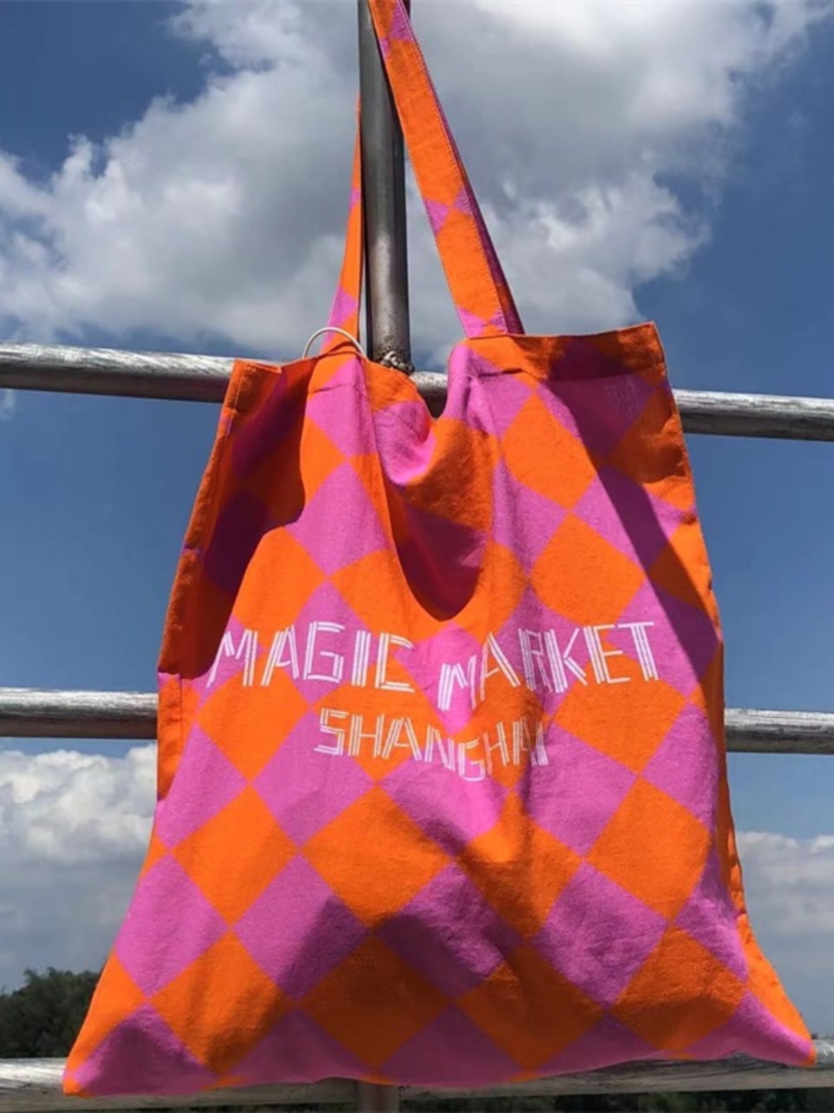 Summer Canvas Tote Bag with Pink Orange Diamond Pattern - Large Capacity Fashion Commute Bag for Magic Market Style Summer Canvas Tote Bag with Pink Orange Diamond Pattern - Large Capacity Fashion Commute Bag for Magic Market Style