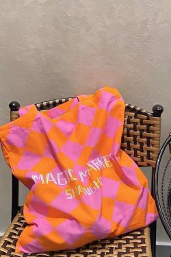 Summer Canvas Tote Bag with Pink Orange Diamond Pattern - Large Capacity Fashion Commute Bag for Magic Market Style