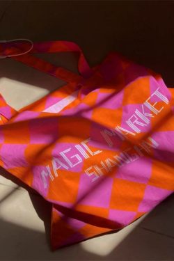 Summer Canvas Tote Bag with Pink Orange Diamond Pattern - Large Capacity Fashion Commute Bag for Magic Market Style