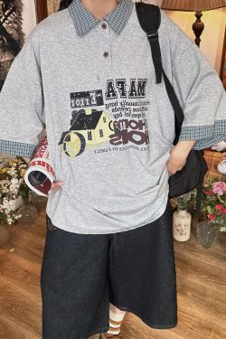 Summer Color Block Cartoon Short Sleeve Shirt for Women - Fun Retro Fake Two-Piece Polo Top, Y2K Style