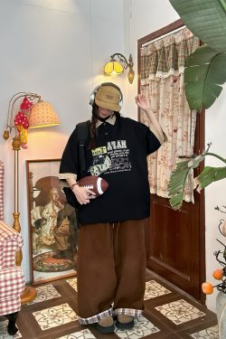 Summer Color Block Cartoon Short Sleeve Shirt for Women - Fun Retro Fake Two-Piece Polo Top, Y2K Style