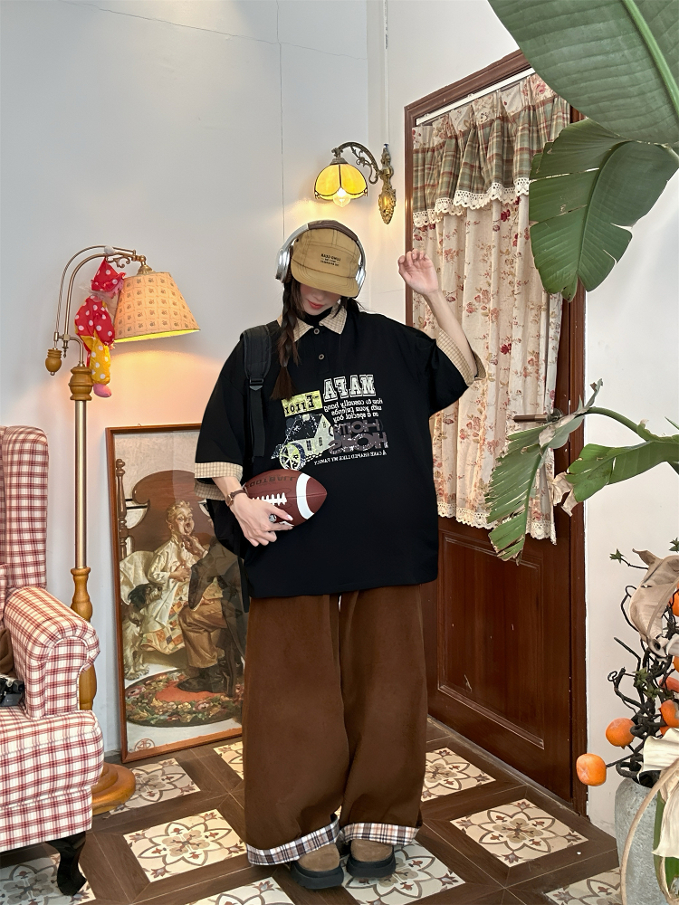 Summer Color Block Cartoon Short Sleeve Shirt for Women - Fun Retro Fake Two-Piece Polo Top, Y2K Style Summer Color Block Cartoon Short Sleeve Shirt for Women - Fun Retro Fake Two-Piece Polo Top, Y2K Style