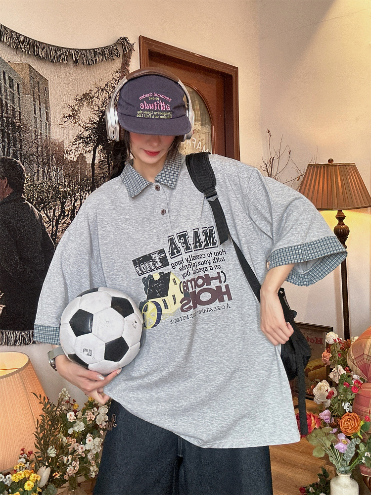 Summer Color Block Cartoon Short Sleeve Shirt for Women - Fun Retro Fake Two-Piece Polo Top, Y2K Style Summer Color Block Cartoon Short Sleeve Shirt for Women - Fun Retro Fake Two-Piece Polo Top, Y2K Style