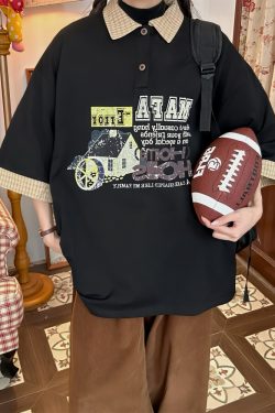 Summer Color Block Cartoon Short Sleeve Shirt for Women - Fun Retro Fake Two-Piece Polo Top, Y2K Style