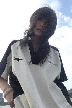 Summer Color-Blocking Short-Sleeve T-Shirt for Women - American College Style Polo Collar Round Neck Heavyweight Top