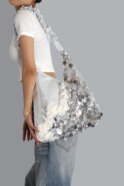Summer Cute Cat Tote Bag with Silver Sequins - Trendy Large Capacity Shoulder Crossbody Bag