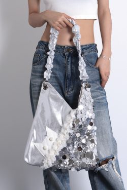 Summer Cute Cat Tote Bag with Silver Sequins - Trendy Large Capacity Shoulder Crossbody Bag