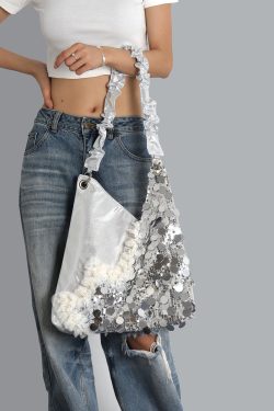 Summer Cute Cat Tote Bag with Silver Sequins - Trendy Large Capacity Shoulder Crossbody Bag