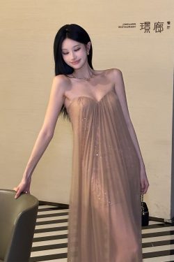 Summer Dazzling Strapless Mesh Dress for Women - Sexy Backless High-End Long Dress in 90s Style