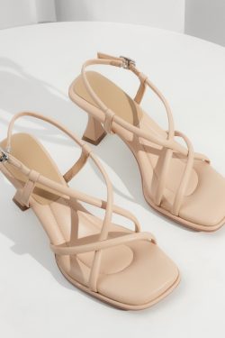 Summer Elegant Sheepskin French Cross-Strap Square-Toe Sandals for Women, Versatile Thin-Heeled Roman High Heels