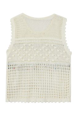 Summer Ethnic Style Knitted Vest with Lace Hollow Design and Bead Tassels - Short Sleeveless Top for Boho and Festival Fashion