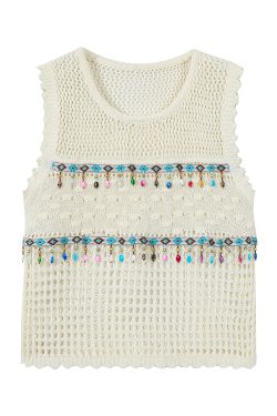 Summer Ethnic Style Knitted Vest with Lace Hollow Design and Bead Tassels - Short Sleeveless Top for Boho and Festival Fashion