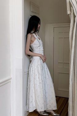 Summer Floral Edge Halter Camisole - Women's Garden-Style Slim Neck White Top for Y2K and 90s Fashion