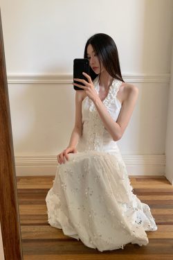 Summer Floral Edge Halter Camisole - Women's Garden-Style Slim Neck White Top for Y2K and 90s Fashion