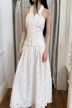 Summer Floral Edge Halter Camisole - Women's Garden-Style Slim Neck White Top for Y2K and 90s Fashion