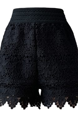 Summer Floral Embroidery Hollow Lace Wide-Leg Short Skirt with Elastic Waist for Beach Vacation Outerwear