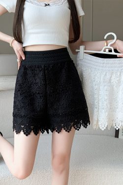 Summer Floral Embroidery Hollow Lace Wide-Leg Short Skirt with Elastic Waist for Beach Vacation Outerwear