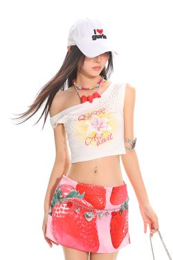 Summer Floral Print Rhinestone Design Asymmetrical Shoulder Crop Tank Top for Hot Girl Style