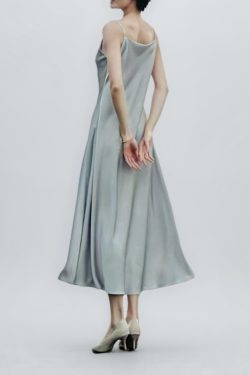Summer Floral Satin Slip Dress, Women's Mid-Length V-Neck Long Dress in Imitation Acetate – Elegant 90s Style
