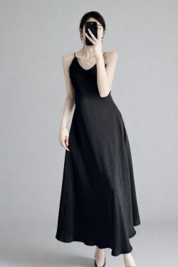 Summer Floral Satin Slip Dress, Women's Mid-Length V-Neck Long Dress in Imitation Acetate – Elegant 90s Style