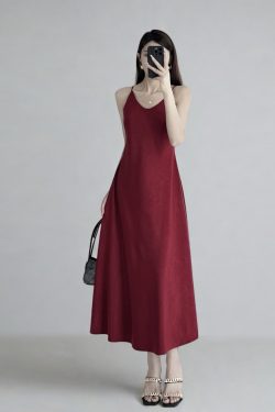 Summer Floral Satin Slip Dress, Women's Mid-Length V-Neck Long Dress in Imitation Acetate – Elegant 90s Style