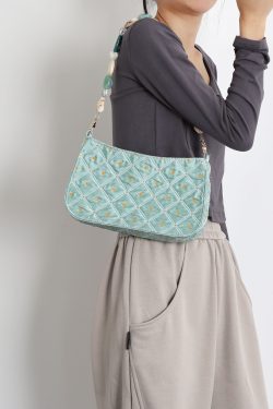 Summer Fresh Retro Green Beaded Crossbody Bag for Women - Artistic Texture Underarm Bag, Original Niche Design
