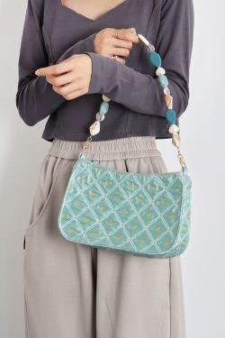 Summer Fresh Retro Green Beaded Crossbody Bag for Women - Artistic Texture Underarm Bag, Original Niche Design