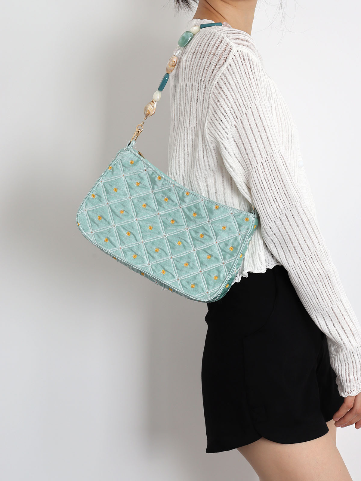 Summer Fresh Retro Green Beaded Crossbody Bag for Women - Artistic Texture Underarm Bag, Original Niche Design Summer Fresh Retro Green Beaded Crossbody Bag for Women - Artistic Texture Underarm Bag, Original Niche Design