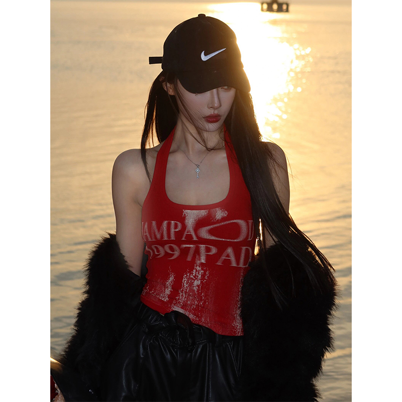 Summer Gradient Halter Top - Sleeveless Backless Shirt with Luxury Letter Print for American Street Style Spicy Girl Fashion Summer Gradient Halter Top - Sleeveless Backless Shirt with Luxury Letter Print for American Street Style Spicy Girl Fashion