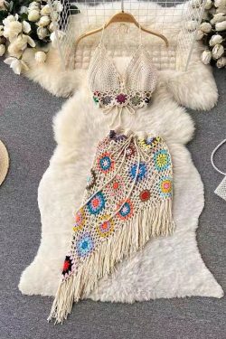 Summer Halter Neck Two-Piece Set for Women, Backless High-Waisted Skirt with Hollow-Out Design and Tassels, Beach Vacation Outfit