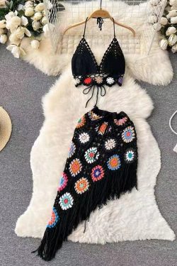 Summer Halter Neck Two-Piece Set for Women, Backless High-Waisted Skirt with Hollow-Out Design and Tassels, Beach Vacation Outfit