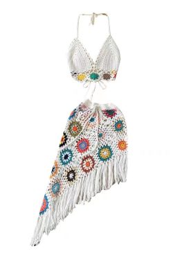 Summer Halter Neck Two-Piece Set for Women, Backless High-Waisted Skirt with Hollow-Out Design and Tassels, Beach Vacation Outfit