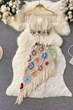 Summer Halter Neck Two-Piece Set for Women, Backless High-Waisted Skirt with Hollow-Out Design and Tassels, Beach Vacation Outfit