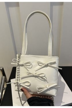 Summer High-End Women's Bucket Handbag with Chain and Silver Bow - Trendy 2025 Fashion Accessory