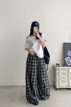 Summer High-Waisted Wide-Leg Checkered Casual Pants for Women - Loose Fit Draping Effect, Straight Leg, Trendy Everyday Style