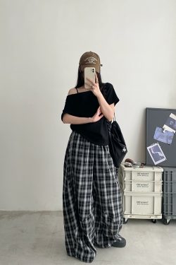 Summer High-Waisted Wide-Leg Checkered Casual Pants for Women - Loose Fit Draping Effect, Straight Leg, Trendy Everyday Style