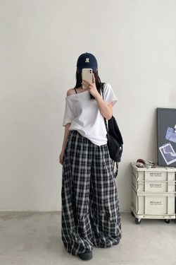 Summer High-Waisted Wide-Leg Checkered Casual Pants for Women - Loose Fit Draping Effect, Straight Leg, Trendy Everyday Style