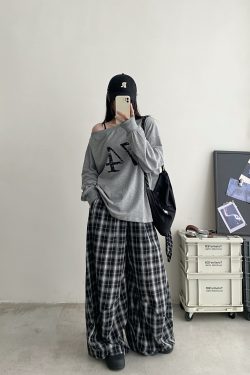 Summer High-Waisted Wide-Leg Checkered Casual Pants for Women - Loose Fit Draping Effect, Straight Leg, Trendy Everyday Style