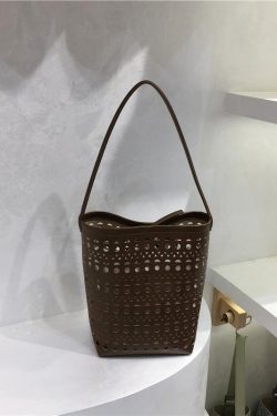 Summer Hollow Carved Design Soft Leather Large Capacity Shoulder Bucket Bag - Trendy Y2K Fashion Accessory