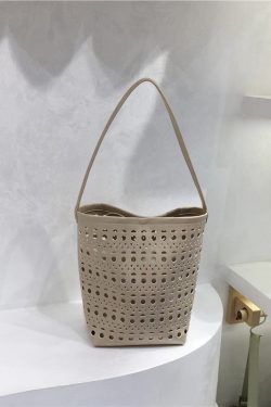 Summer Hollow Carved Design Soft Leather Large Capacity Shoulder Bucket Bag - Trendy Y2K Fashion Accessory