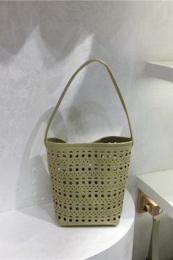 Summer Hollow Carved Design Soft Leather Large Capacity Shoulder Bucket Bag - Trendy Y2K Fashion Accessory
