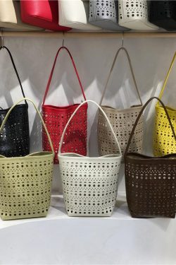 Summer Hollow Carved Design Soft Leather Large Capacity Shoulder Bucket Bag - Trendy Y2K Fashion Accessory